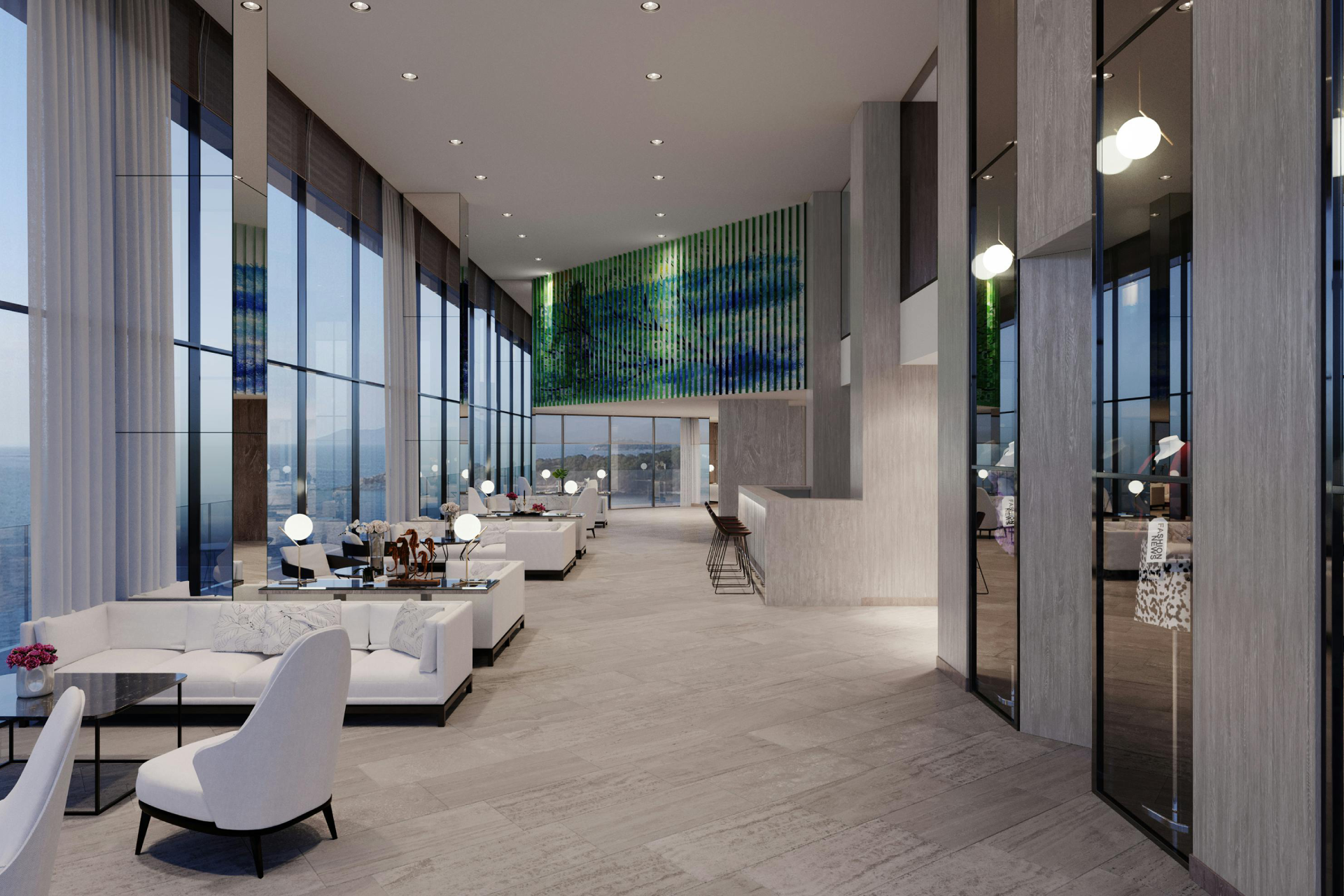 Modern lobby with white seating and large windows.
